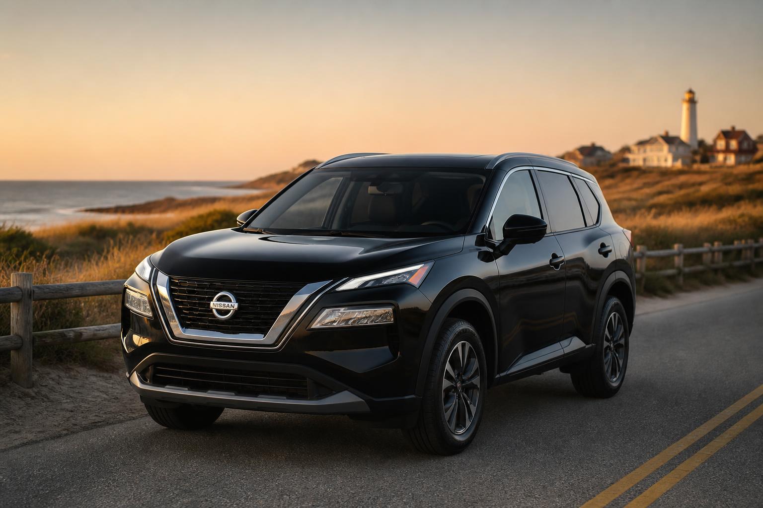 Black 2025 Nissan Rogue on a scenic Massachusetts coastal road