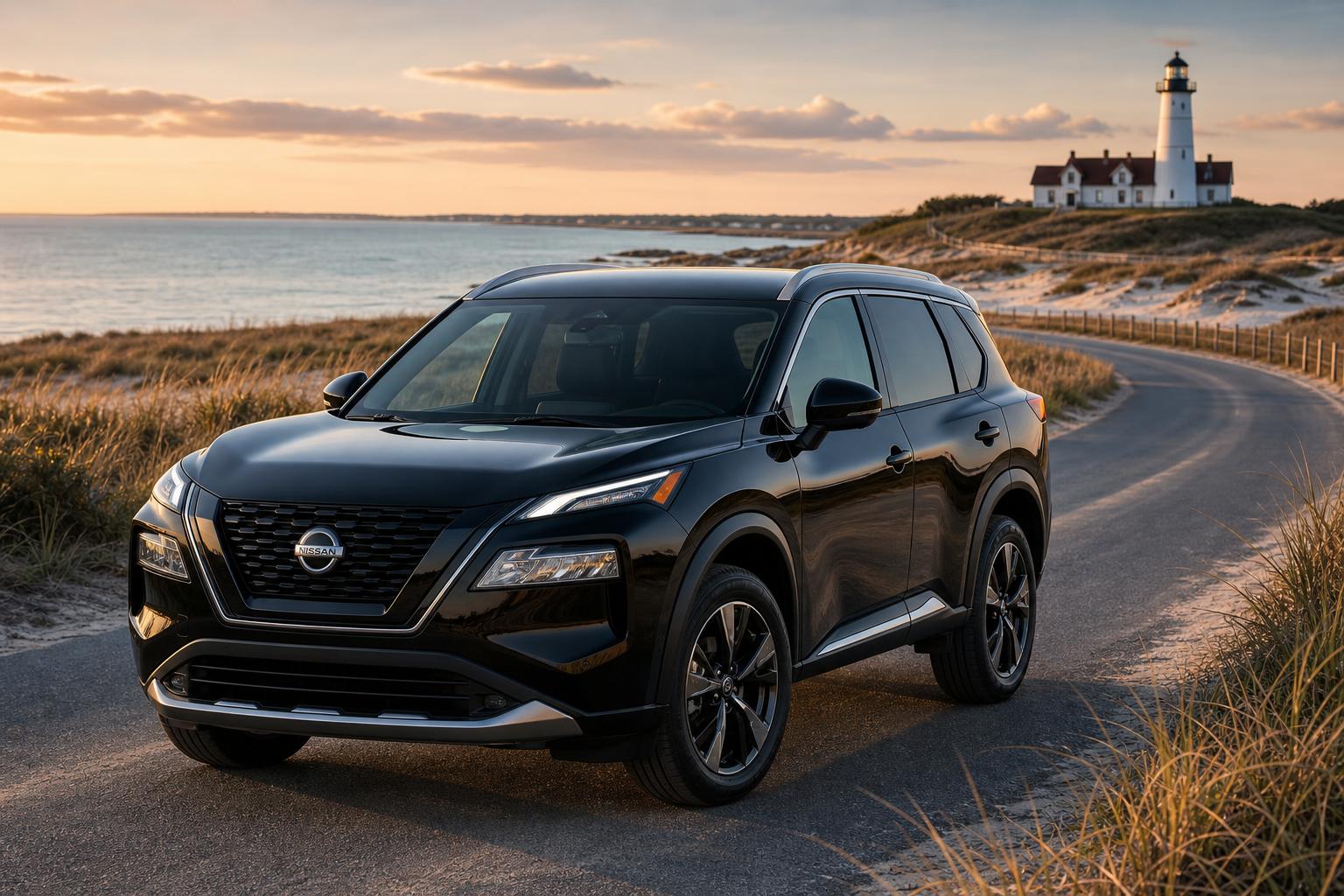 Black 2025 Nissan Rogue on a scenic Massachusetts coastal road